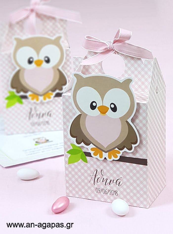 Μπομπονιέρα  Βάπτισης  3D  Βαλιτσάκι  Little  Owl  Pink