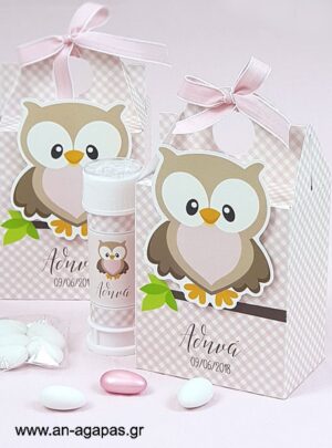 Μπομπονιέρα  Βάπτισης  3D  Βαλιτσάκι  Little  Owl  Pink