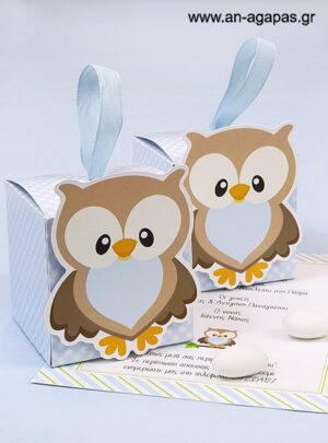 Μπομπονιέρα  Βάπτισης  3D  Κουτί  Little  Owl  Blue