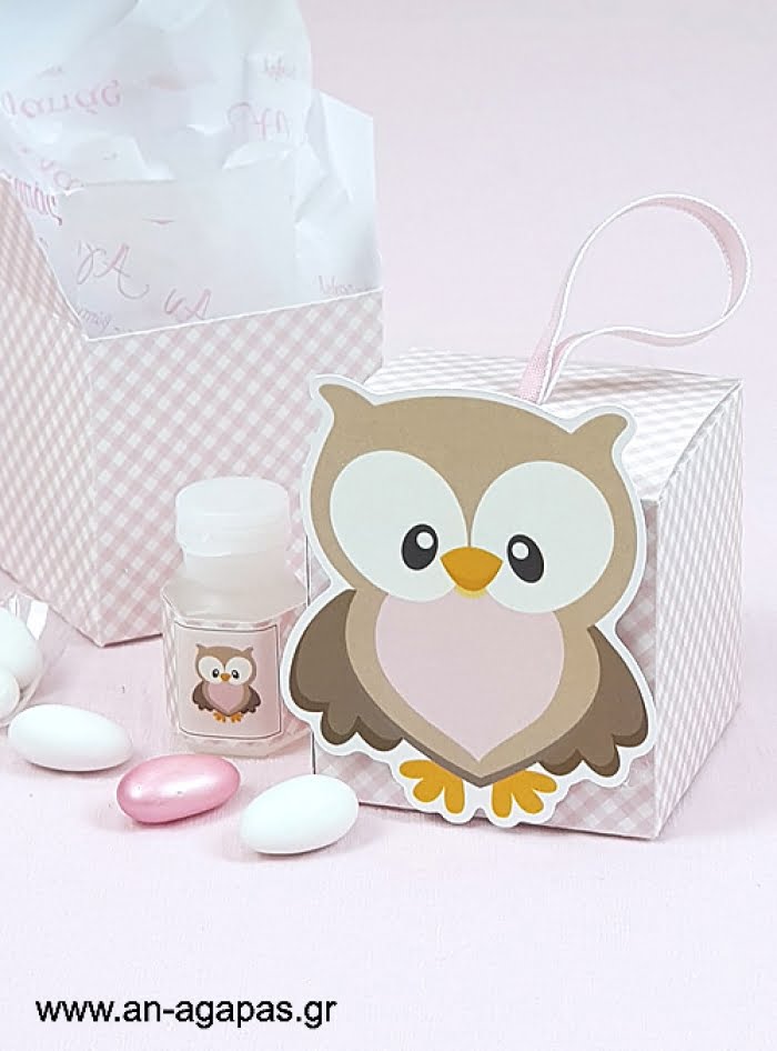 Μπομπονιέρα  Βάπτισης  3D  Κουτί  Little  Owl  Pink