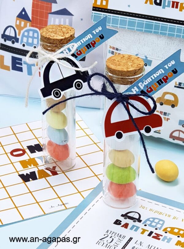 Μπομπονιέρα Βάπτισης Γυάλινο Tube City Cars