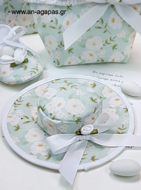 Μπομπονιέρα Βάπτισης Καπέλο MInt White Flowers