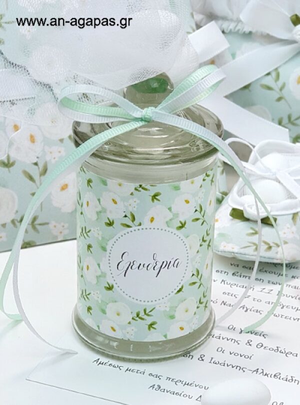Μπομπονιέρα Βάπτισης Κερί MInt White Flowers