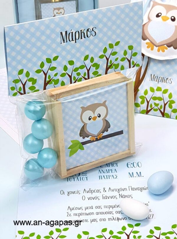 Μπομπονιέρα Ξύλινη Τρίλιζα Little Owl Blue