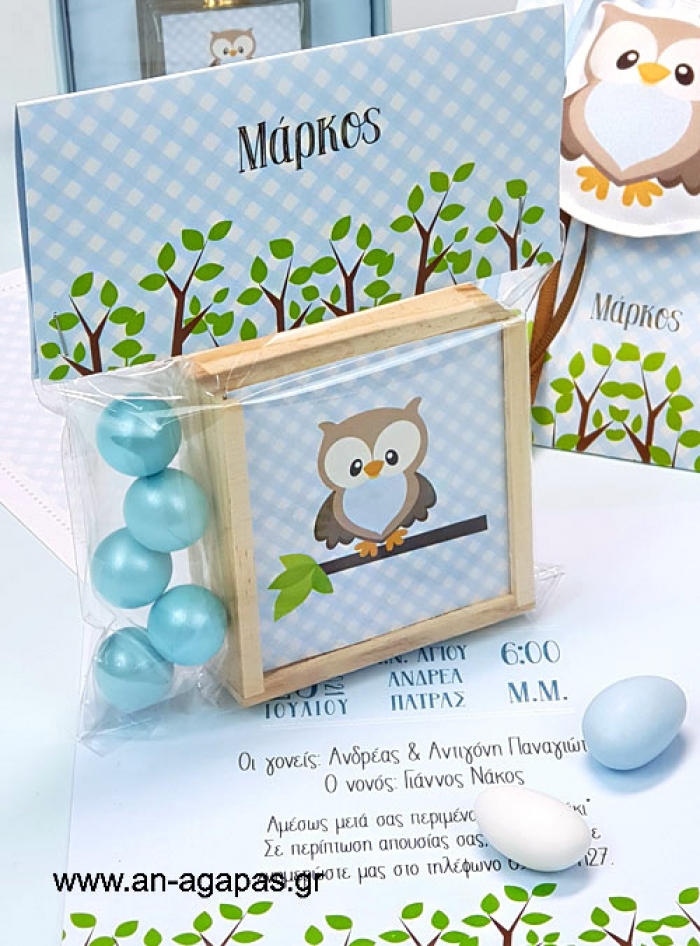 Μπομπονιέρα Ξύλινη Τρίλιζα Little Owl Blue