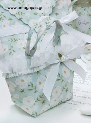 Μπομπονιέρα Τσαντάκι MInt White Flowers