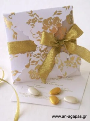 Υφασμάτινο προσκλητήριο Βάπτισης χρυσά λουλούδια