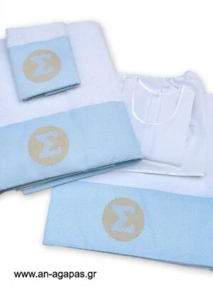 Λαδόπανα  σιέλ  πουά  με  μονόγραμμα 