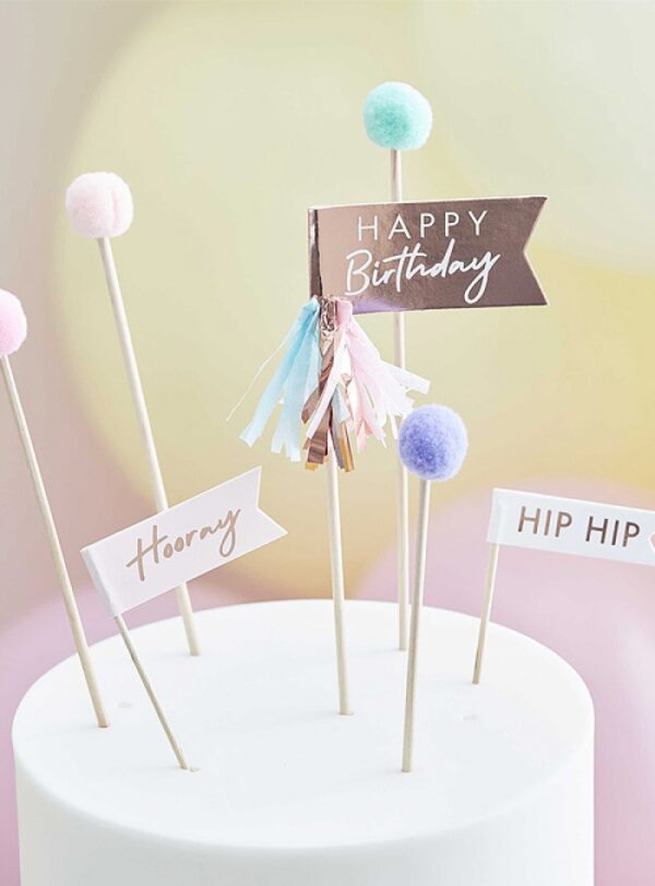 Cake Topper Pom Pom Happy Birthday, 7τμχ