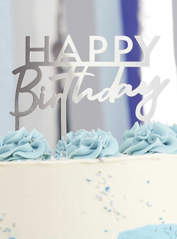 Cake Topper Ασημί Happy Birthday