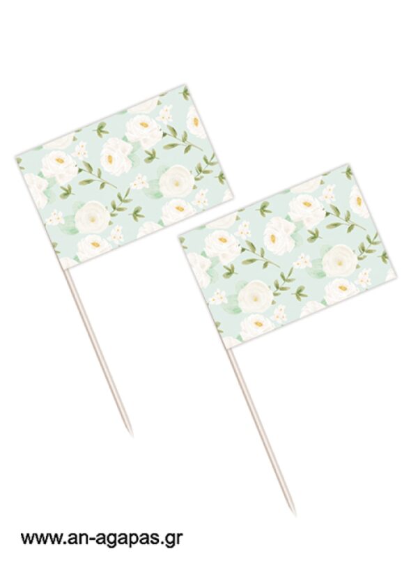 Toothpick flags Mint White Flowers