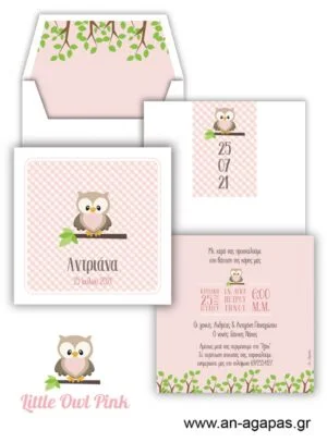Προσκλητήριo  Βάπτισης  Little  Owl  Pink 