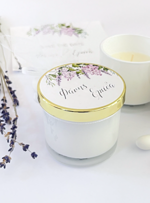 Μπομπονιέρα γάμου κερί λευκό χρυσό lavender fields