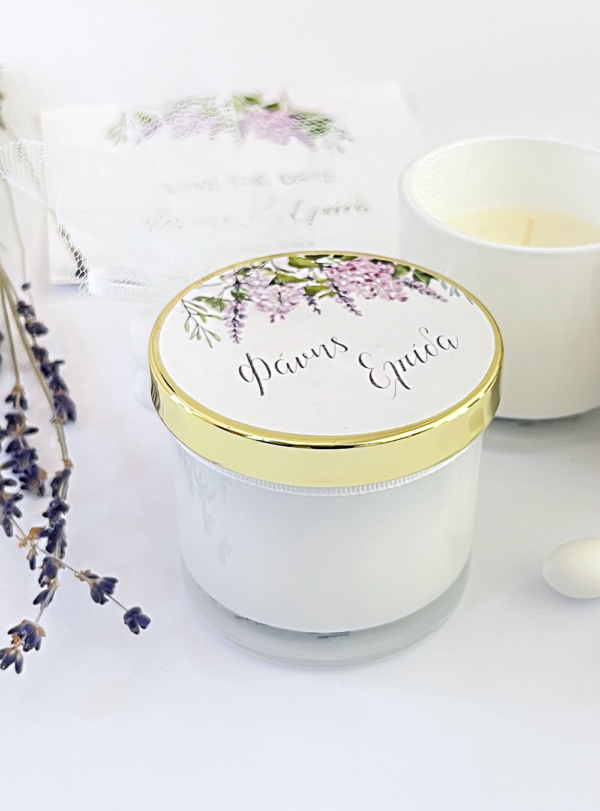 Μπομπονιέρα γάμου κερί λευκό χρυσό lavender fields