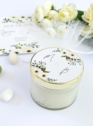Μπομπονιέρα γάμου κερί λευκό χρυσό ivory flowers