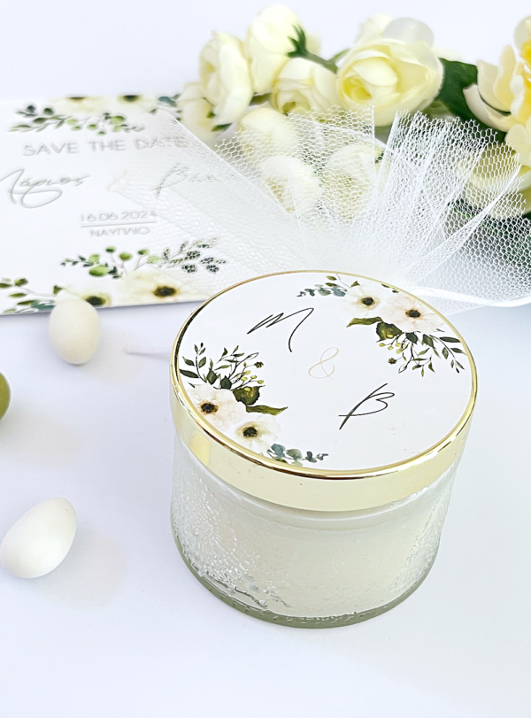 Μπομπονιέρα γάμου κερί λευκό χρυσό ivory flowers