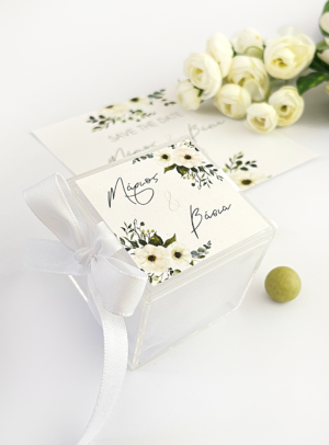 Μπομπονιέρα γάμου plexiglass ψηλό ivory flowers