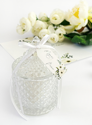Μπομπονιέρα γάμου γυάλινη φοντανιέρα ivory flowers