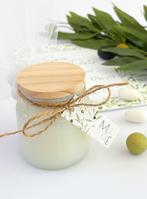 Μπομπονιέρα γάμου κερί λευκό & ξύλο olive tree