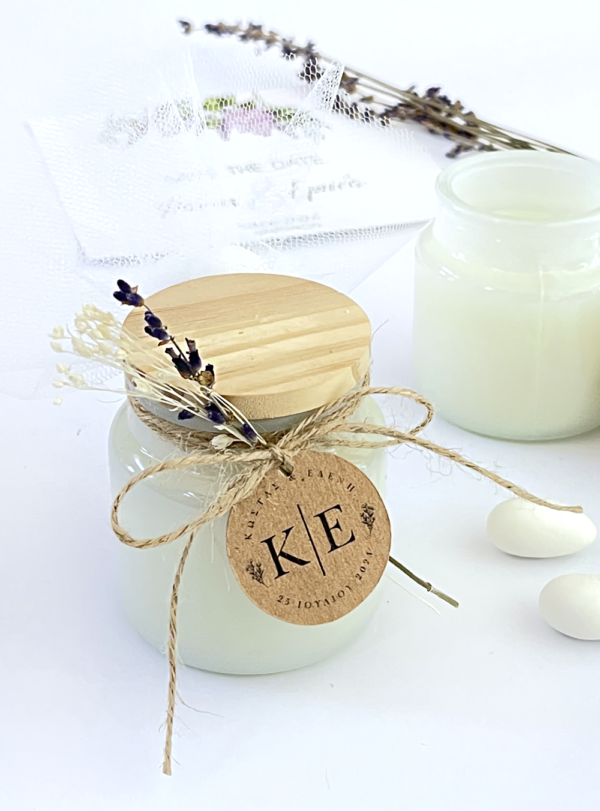 Μπομπονιέρα γάμου κερί λευκό & ξύλο lavender