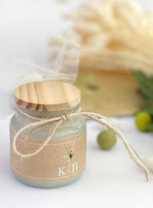 Μπομπονιέρα γάμου κερί λευκό & ξύλο olive kraft