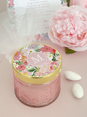 Μπομπονιέρα βάπτισης κερί στρογγυλό Monogram Flowers