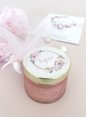 Μπομπονιέρα βάπτισης κερί στρογγυλό Pink Roses Bouquet