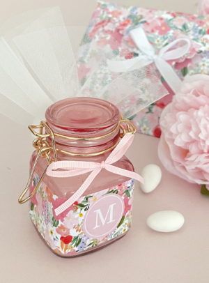 Μπομπονιέρα βάπτισης κερί ροζ Monogram Flowers