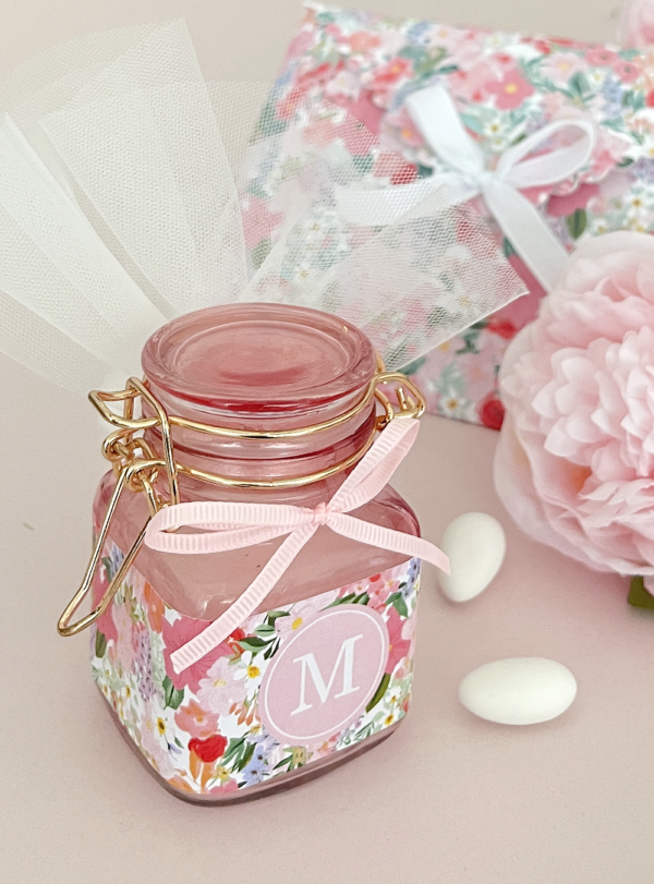 Μπομπονιέρα βάπτισης κερί ροζ Monogram Flowers