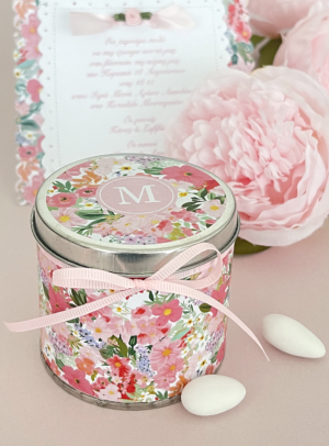 Μπομπονιέρα βάπτισης μεταλλικό κουτί Monogram Flowers